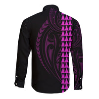 Polynesian Long Sleeve Button Shirt Hawaiian Warrior and Aloha Girl With Hammerhead Shark Tattoos Purple LT6 - Polynesian Pride