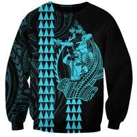 Polynesian Sweatshirt Hawaiian Warrior and Aloha Girl With Hammerhead Shark Tattoos Light Blue LT6 Unisex Blue - Polynesian Pride