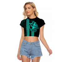Polynesian Raglan Cropped T Shirt Hawaiian Warrior and Aloha Girl With Hammerhead Shark Tattoos Turquoise LT6 Female Green - Polynesian Pride