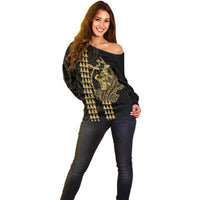 Polynesian Off Shoulder Sweater Hawaiian Warrior and Aloha Girl With Hammerhead Shark Tattoos Gold LT6 - Polynesian Pride
