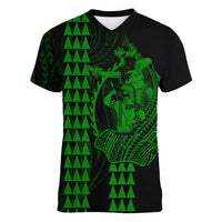 Polynesian Women V Neck T Shirt Hawaiian Warrior and Aloha Girl With Hammerhead Shark Tattoos Green LT6 Female Green - Polynesian Pride