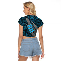Polynesian Fiji Raglan Cropped T Shirt with Coat Of Arms Claws Style - Blue LT6 - Polynesian Pride
