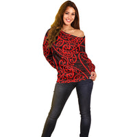 New Zealand Off Shoulder Sweater Maori Pattern Red LT6 - Polynesian Pride