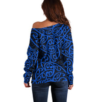 New Zealand Off Shoulder Sweater Maori Pattern Blue LT6 - Polynesian Pride