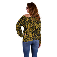 New Zealand Off Shoulder Sweater Maori Pattern Gold LT6 - Polynesian Pride