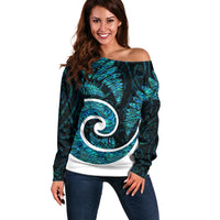 New Zealand Off Shoulder Sweater Maori With Silver Fern Papua Shell Green Ver.1 LT6 Women Green - Polynesian Pride