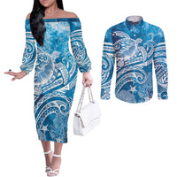 World Ocean Day Polynesian Pattern Couples Matching Off The Shoulder Long Sleeve Dress and Long Sleeve Button Shirt Crystal Waves