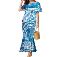 World Ocean Day Polynesian Pattern Family Matching Mermaid Dress and Hawaiian Shirt Crystal Waves LT7 Mom's Dress Blue - Polynesian Pride
