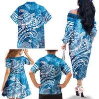 World Ocean Day Polynesian Pattern Family Matching Off The Shoulder Long Sleeve Dress and Hawaiian Shirt Crystal Waves LT7 - Polynesian Pride