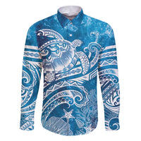 World Ocean Day Polynesian Pattern Family Matching Short Sleeve Bodycon Dress and Hawaiian Shirt Crystal Waves LT7 Dad's Shirt - Long Sleeve Blue - Polynesian Pride