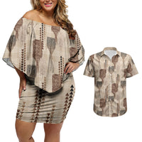 Aloha Hawaii Vintage Kahili Pa'a Lima Couples Matching Off Shoulder Short Dress and Hawaiian Shirt Palaka Print Cozy Beige