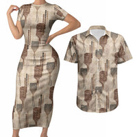 Aloha Hawaii Vintage Kahili Pa'a Lima Couples Matching Short Sleeve Bodycon Dress and Hawaiian Shirt Palaka Print Cozy Beige