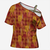 Aloha Hawaii Vintage Kahili Pa'a Lima Cross Shoulder Shirt Palaka Print Hilo Royal Red-Yellow