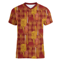 Aloha Hawaii Vintage Kahili Pa'a Lima Women V-Neck T-Shirt Palaka Print Hilo Royal Red-Yellow