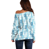 Aloha Hawaii Vintage Kahili Pa'a Lima Off Shoulder Sweater Palaka Print Oceanic Turquoise