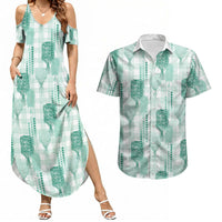 Aloha Hawaii Vintage Kahili Pa'a Lima Couples Matching Summer Maxi Dress and Hawaiian Shirt Palaka Print Mossy Teal