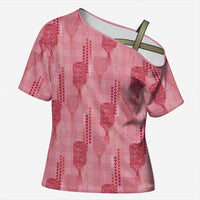 Aloha Hawaii Vintage Kahili Pa'a Lima Cross Shoulder Shirt Palaka Print Berry Pink