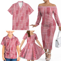 Aloha Hawaii Vintage Kahili Pa'a Lima Family Matching Off The Shoulder Long Sleeve Dress and Hawaiian Shirt Palaka Print Berry Pink