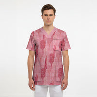 Aloha Hawaii Vintage Kahili Pa'a Lima Scrub Top Palaka Print Berry Pink