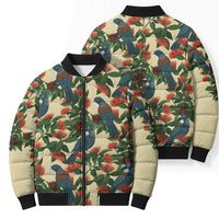 New Zealand Christmas Bomber Puffer Jacket Romantic Tui Birds on Pohutukawa - Ivory - Polynesian Pride