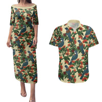 New Zealand Christmas Couples Matching Puletasi and Hawaiian Shirt Romantic Tui Birds on Pohutukawa - Ivory - Polynesian Pride