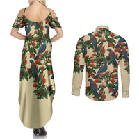 New Zealand Christmas Couples Matching Summer Maxi Dress and Long Sleeve Button Shirt Romantic Tui Birds on Pohutukawa - Ivory - Polynesian Pride