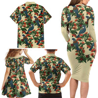 New Zealand Christmas Family Matching Long Sleeve Bodycon Dress and Hawaiian Shirt Romantic Tui Birds on Pohutukawa - Ivory - Polynesian Pride