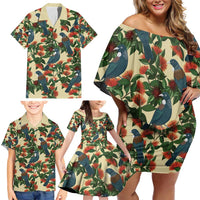 New Zealand Christmas Family Matching Off Shoulder Short Dress and Hawaiian Shirt Romantic Tui Birds on Pohutukawa - Ivory - Polynesian Pride