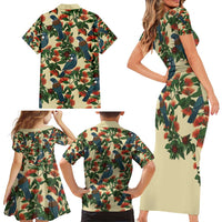 New Zealand Christmas Family Matching Short Sleeve Bodycon Dress and Hawaiian Shirt Romantic Tui Birds on Pohutukawa - Ivory - Polynesian Pride