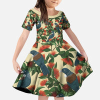 New Zealand Christmas Kid Short Sleeve Dress Romantic Tui Birds on Pohutukawa - Ivory LT7 KID Ivory - Polynesian Pride