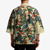 New Zealand Christmas Kimono Romantic Tui Birds on Pohutukawa - Ivory - Polynesian Pride