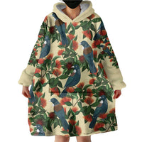 New Zealand Christmas Wearable Blanket Hoodie Romantic Tui Birds on Pohutukawa - Ivory - Polynesian Pride