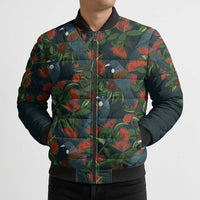 New Zealand Christmas Bomber Puffer Jacket Romantic Tui Birds on Pohutukawa - Cobalt - Polynesian Pride