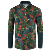 New Zealand Christmas Button Sweatshirt Romantic Tui Birds on Pohutukawa - Cobalt LT7 Cobalt - Polynesian Pride