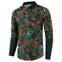 New Zealand Christmas Button Sweatshirt Romantic Tui Birds on Pohutukawa - Cobalt LT7 - Polynesian Pride