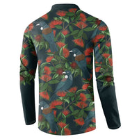 New Zealand Christmas Button Sweatshirt Romantic Tui Birds on Pohutukawa - Cobalt LT7 - Polynesian Pride