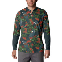 New Zealand Christmas Button Sweatshirt Romantic Tui Birds on Pohutukawa - Cobalt LT7 - Polynesian Pride