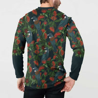 New Zealand Christmas Button Sweatshirt Romantic Tui Birds on Pohutukawa - Cobalt LT7 - Polynesian Pride