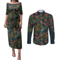 New Zealand Christmas Couples Matching Puletasi and Long Sleeve Button Shirt Romantic Tui Birds on Pohutukawa - Cobalt - Polynesian Pride