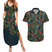 New Zealand Christmas Couples Matching Summer Maxi Dress and Hawaiian Shirt Romantic Tui Birds on Pohutukawa - Cobalt - Polynesian Pride