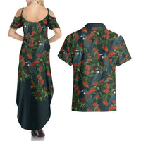 New Zealand Christmas Couples Matching Summer Maxi Dress and Hawaiian Shirt Romantic Tui Birds on Pohutukawa - Cobalt - Polynesian Pride