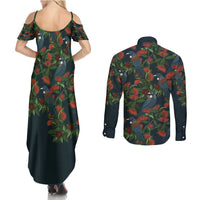 New Zealand Christmas Couples Matching Summer Maxi Dress and Long Sleeve Button Shirt Romantic Tui Birds on Pohutukawa - Cobalt - Polynesian Pride