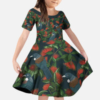 New Zealand Christmas Family Matching Puletasi and Hawaiian Shirt Romantic Tui Birds on Pohutukawa - Cobalt LT7 Daughter's Dress Cobalt - Polynesian Pride