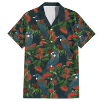 New Zealand Christmas Family Matching Puletasi and Hawaiian Shirt Romantic Tui Birds on Pohutukawa - Cobalt LT7 Dad's Shirt - Short Sleeve Cobalt - Polynesian Pride