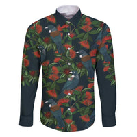 New Zealand Christmas Family Matching Puletasi and Hawaiian Shirt Romantic Tui Birds on Pohutukawa - Cobalt LT7 Dad's Shirt - Long Sleeve Cobalt - Polynesian Pride