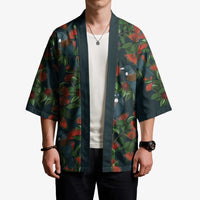 New Zealand Christmas Kimono Romantic Tui Birds on Pohutukawa - Cobalt - Polynesian Pride