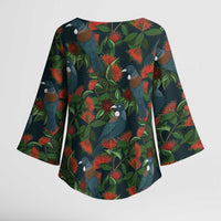 New Zealand Christmas Kimono Sleeve Blouse Romantic Tui Birds on Pohutukawa - Cobalt - Polynesian Pride