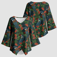 New Zealand Christmas Kimono Sleeve Blouse Romantic Tui Birds on Pohutukawa - Cobalt - Polynesian Pride