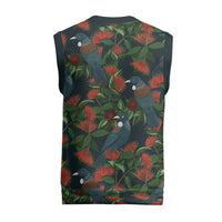 New Zealand Christmas Knitted V-Neck Vest Romantic Tui Birds on Pohutukawa - Cobalt - Polynesian Pride
