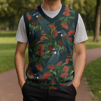 New Zealand Christmas Knitted V-Neck Vest Romantic Tui Birds on Pohutukawa - Cobalt - Polynesian Pride